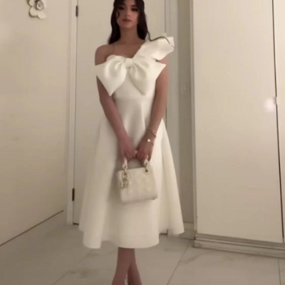 Simple tea length elegant bow white prom dresses