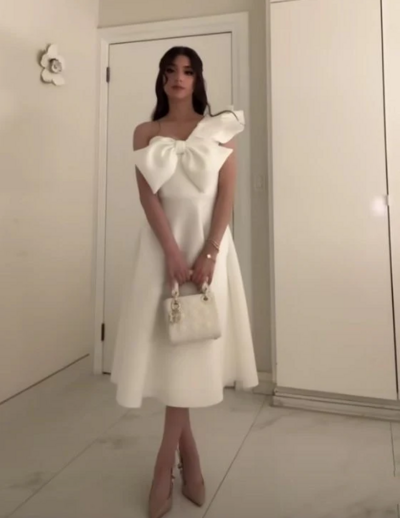 Simple Tea Length Elegant Bow White Prom Dresses