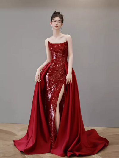 Mermaid Off Shoulder Wine Red Sequined A-line Long Slit Evening Dresses