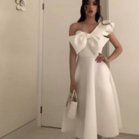 Simple Tea Length Elegant Bow White Prom Dresses - Thumbnail 2
