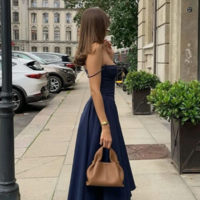 A-Line Navy Blue Midi Length Formal Party Dresses - Thumbnail 1