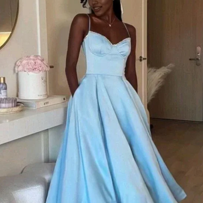 A-line sky blue long stain party dresses - Thumbnail 4