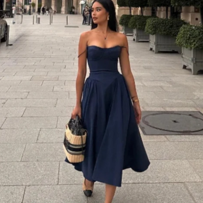 A-line navy blue midi length formal party dresses - Thumbnail 2