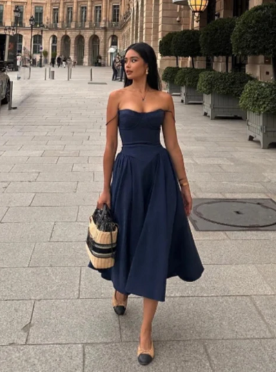 A-Line Navy Blue Midi Length Formal Party Dresses