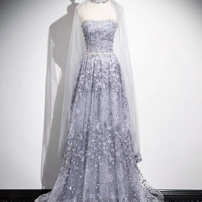 Gray tulle sequins floor length prom party dress - Thumbnail 2