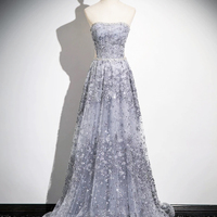 Gray Tulle Sequins Floor Length Prom Party Dress - Thumbnail 4
