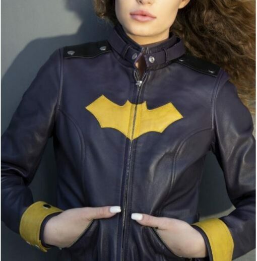 Channel your inner superhero with our women's Batgirl purple yellow leather motorcycle jacket. Crafted from genuine leather, this edgy biker jacket