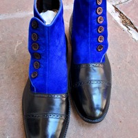 Men's Black With Blue Oxfrds Button Fastening Formal Boot Formal Ankle Boot - Thumbnail 1