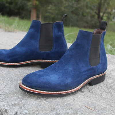 Crafted leather classic bespoke shoes blue suede leather chelsea dress boot