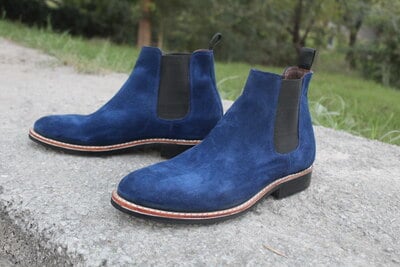 Crafted Leather Classic Bespoke Shoes Blue Suede Leather Chelsea Dress Boot