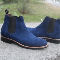 Crafted Leather Classic Bespoke Shoes Blue Suede Leather Chelsea Dress Boot - Thumbnail 1