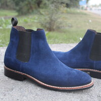 Crafted Leather Classic Bespoke Shoes Blue Suede Leather Chelsea Dress Boot - Thumbnail 2