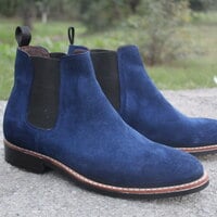 Crafted Leather Classic Bespoke Shoes Blue Suede Leather Chelsea Dress Boot - Thumbnail 4