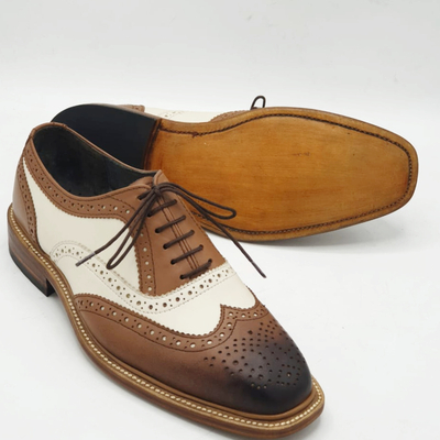 Crafted leather classic brown white leather wingtip oxford dress shoes - Thumbnail 5