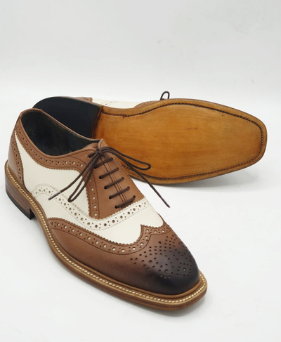 Crafted Leather Classic Brown White Leather Wingtip Oxford Dress Shoes