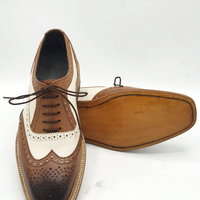 Crafted Leather Classic Brown White Leather Wingtip Oxford Dress Shoes - Thumbnail 1