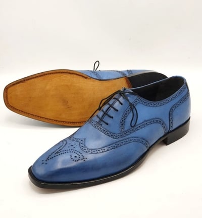 Crafted Leather Classic Men Blue Leather Oxford Wingtip Lace up Dress Shoes