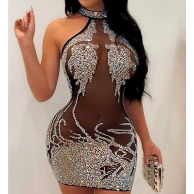 Women's sexy tight mesh hot stamping sleeveless dress