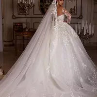 Princess Wedding Dresses Vintage Bridal Gown Beading Shinny Tulle Long Sleeves Robe Elegant Luxury Pretty Dress Customized  - Thumbnail 3