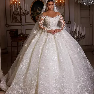 Princess wedding dresses vintage bridal gown beading shinny tulle long sleeves robe elegant luxury pretty dress customized 