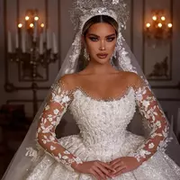 Princess Wedding Dresses Vintage Bridal Gown Beading Shinny Tulle Long Sleeves Robe Elegant Luxury Pretty Dress Customized  - Thumbnail 4