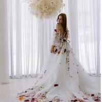 Customized New 3D Flower Puff Sleeves Bridal Dress Embroidery Floral Tulle Prom Dresses Wedding Party Dresses Vestidos De Noche - Thumbnail 3