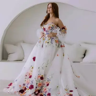 Customized new 3d flower puff sleeves bridal dress embroidery floral tulle prom dresses wedding party dresses vestidos de noche - Thumbnail 2