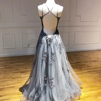 Unique Backless Long Lace Appliques Gray Prom, Formal Evening Dresses PD230101 - Thumbnail 1