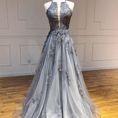 Unique backless long lace appliques gray prom, formal evening dresses pd230101