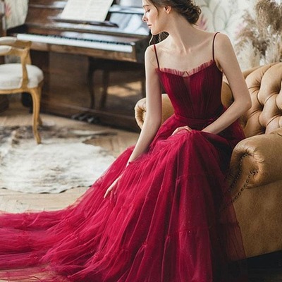Elegant burgundy long tulle prom, formal graduation evening dresses pd230102 - Thumbnail 2