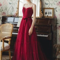 Elegant Burgundy Long Tulle Prom, Formal Graduation Evening Dresses PD230102 - Thumbnail 1