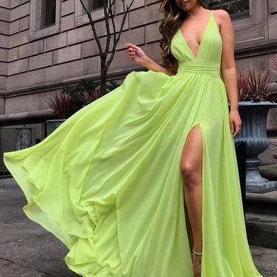 Simple long v neck chiffon prom with slit, formal, bridesmaid dresses pd230104 - Thumbnail 5