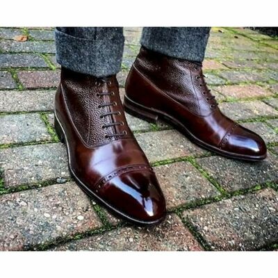 Handmade stitch recommended article brown ankle high boots for mens