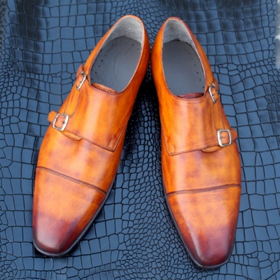 Crafted leather classic men brown leather double monk strap dress shoes - Thumbnail 2