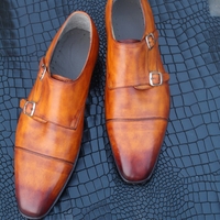 Crafted Leather Classic Men Brown Leather Double Monk Strap Dress Shoes - Thumbnail 1