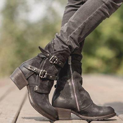 Leather buckle zipper chunky heel ankle boots