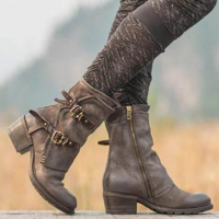 Leather Buckle Zipper Chunky Heel Ankle Boots - Thumbnail 3