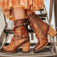 Leather Buckle Zipper Chunky Heel Ankle Boots - Thumbnail 4