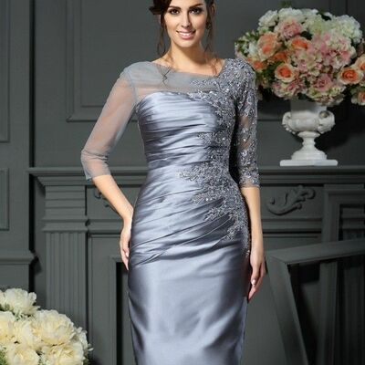 Grey mother of the bride/groom dress sheath lace appliques tea-length evening formal wedding guest prom dress
