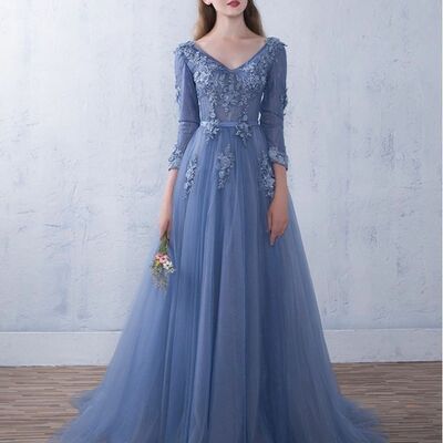 Elegant blue mother of the bride/groom dress lace appliques evening formal prom dress