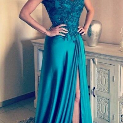 Elegant blue mother of the bride/groom dress lace appliques side slit evening formal prom dress