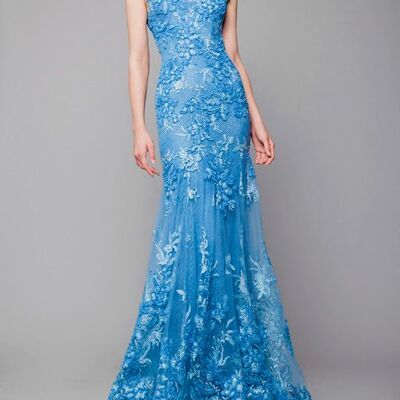 Elegant mother of the bride/groom dress blue lace appliques evening formal prom dress