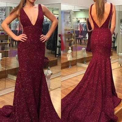 Elegant mermaid backless burgundy v neck sequins long prom with sweep train, formal evening dressespd230106 - Thumbnail 4