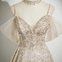 Champagne Tulle Sequins Long Prom Party Dress - Thumbnail 1