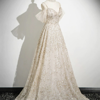 Champagne Tulle Sequins Long Prom Party Dress - Thumbnail 2