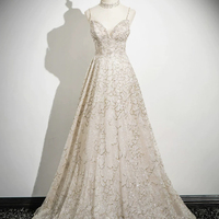 Champagne Tulle Sequins Long Prom Party Dress - Thumbnail 4