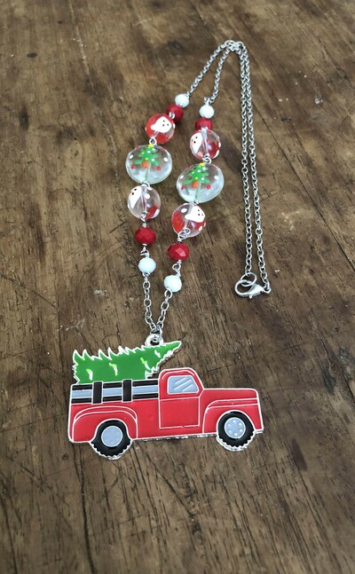 Red Pickup Truck With Christmas Tree Necklace 