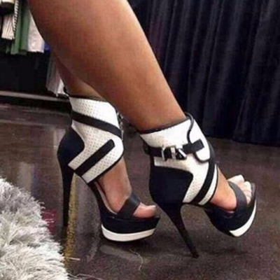 Color block belt buckle stiletto high heel ankle boot sandals