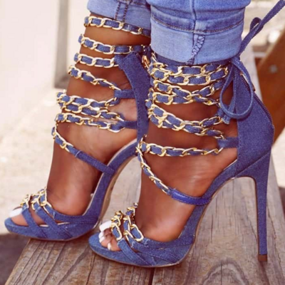 Chain back zipper lace up peep-toe stiletto heel high heel sandals