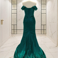 Sheath Off Shoulder Sweep Train Elastic Satin Prom Dresses With Slit - Thumbnail 1